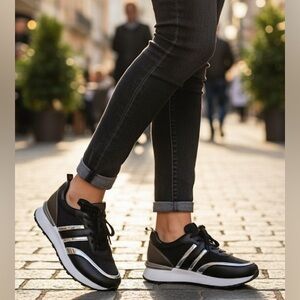 Black and Silver Low-Top Sneakers with Sporty Design